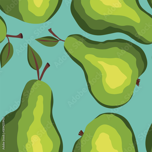 Seamless pattern with pear on color background. Natural delicious fresh ripe tasty fruit. Sweet pears with leaves. Food concept. Vector illustration for print, fabric, textile.