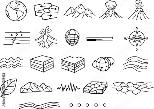 Line style icons of Earth's shifting continents: Earth globe, tectonic plates, arrows indicating movement, mountain range,