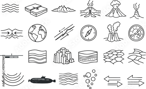 Line style icons of mid-ocean ridges and new oceanic crust formation: ocean waves, tectonic plates, ridge outline, magma flow,