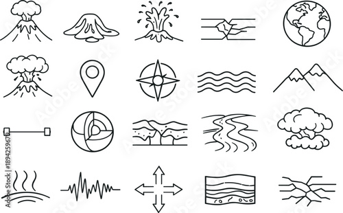 Line style icons of volcanic hotspots: volcano, magma flow, lava fountain, tectonic plate, Earth globe, eruption plume, hotspot