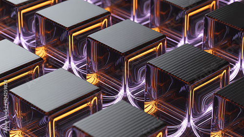 Futuristic Abstract Grid of Glowing Cubes with Orange and Purple Light