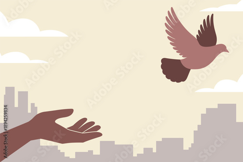 Hand Releasing a Dove Over a City Skyline, peace and freedom concept with copy space
