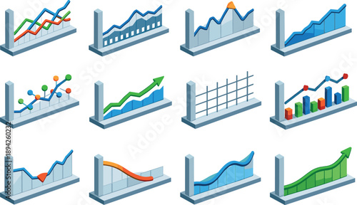 Image Generation. Isometric vector icons of data visualization line charts: multiple lines, timeline axis, peak marker, line graph