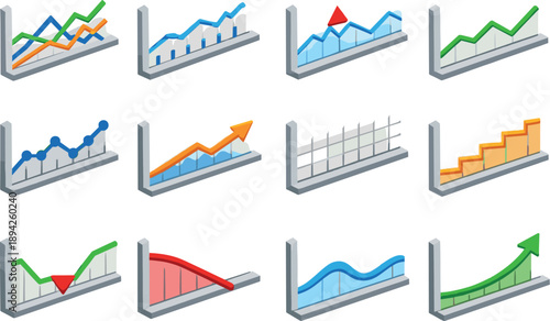 Isometric vector icons of data visualization line charts: multiple lines, timeline axis, peak marker, line graph