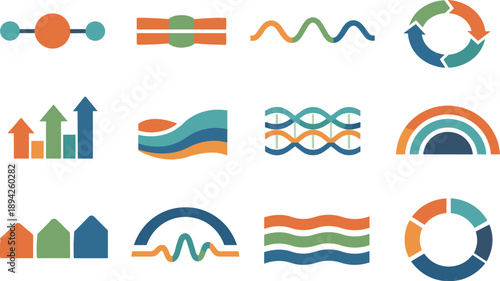 Oscillation Icon Grid. Flat vector icons of oscillatory movement: timing node, contraction band, contraction wave line, cyclic
