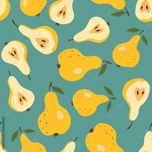 Seamless pattern with pear on color background. Natural delicious fresh ripe tasty fruit. Sweet pears with leaves. Food concept. Vector illustration for print, fabric, textile.