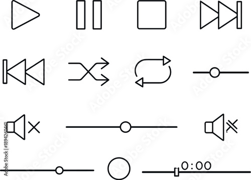  Line style vector icons of music audio player playback controls: play button, pause button, stop button, next