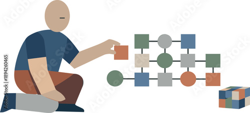 Geometric Human Reasoning. Abstract geometric human figure arranging orderly shapes into connected patterns suggesting individual