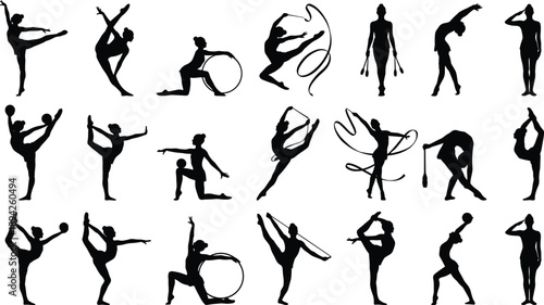 Artistic dance and rhythmic gymnastics silhouette set showing ballet dancers ribbon and hoop movements isolated on white background for fitness performance design projects