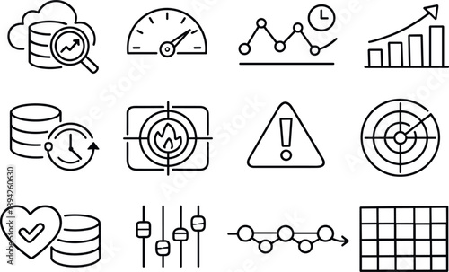 Line style vector icons of cloud data storage analytics and monitoring: storage analytics, performance gauge,