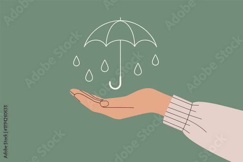 Hand offering protection with umbrella and raindrops, care and safety concept