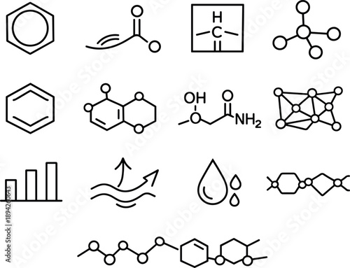 Line style vector icons of molecular aroma motifs: cyclic ring outline, ester arc, aldehyde tile, terpene node,