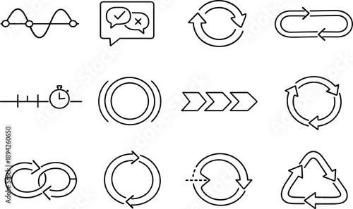 Line style vector icons of user experience prototyping design: amplitude node, feedback tile, sync tile, loop
