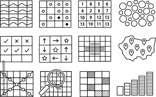 Line style vector icons of data visualization heatmaps and grids: heatmap grid, color intensity cells, data