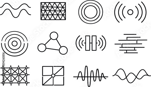  Line style vector icons of semaphore equipment: wave contour, pattern mesh, feedback ring, propagation stripe,