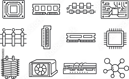 Server Components Icons. Line style vector icons of server internals: CPU socket, RAM module, VRM line, motherboard plane, power