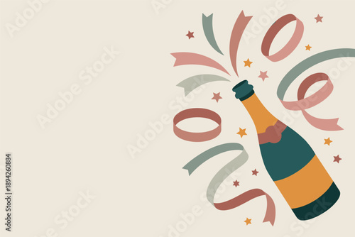 Festive Champagne Bottle with Ribbons and Stars, celebration and success concept with copy space