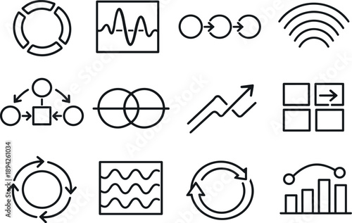 Line style vector icons of software development process deployment: interval ring, amplitude tile, propagation