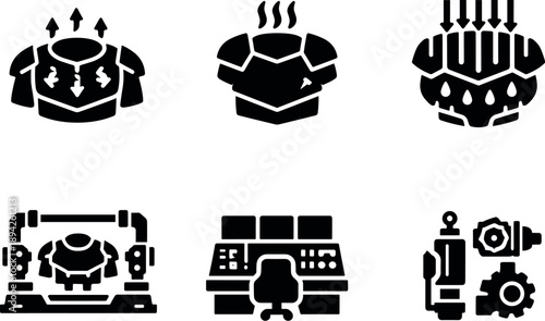Solid vector icons of thermal-adaptive armored platforms: heat-equalizing shell, infrared blending film, cooling