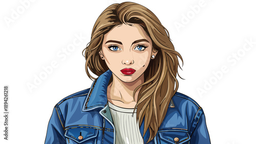 Very beautiful close-up of a modern American women’s casual outfit with vintage denim influence, emphasizing texture, stitching details, and contemporary styling isolated on white background.