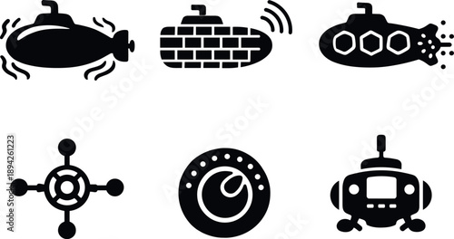 Solid vector icons of underwater signature-masking technology: heat-blending outer layer, echo-reducing fiber