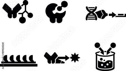 Enzyme Circuit Icons. Solid vector icons of enzyme-gated molecular circuits: biochemical gate unit, active-site trigger, strand