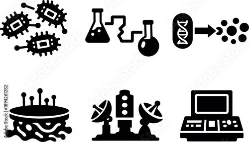Microbial Bio-Computing Icons. Solid vector icons of microbial bio-computing infrastructure: bacterial processor cluster, chemical