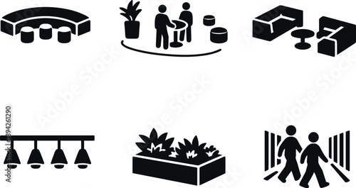 Solid vector icons of spontaneous-meeting squares: flexible seating arc, open floor zone, encounter-friendly