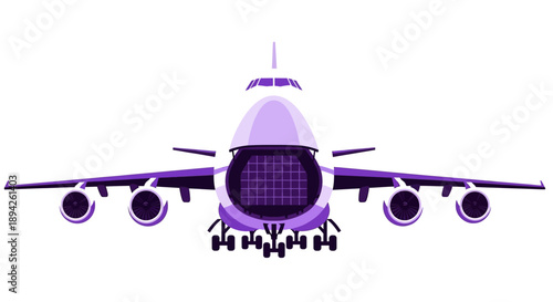 Front view of a commercial airplane on a runway during takeoff or landing, showcasing its engines and wingspan