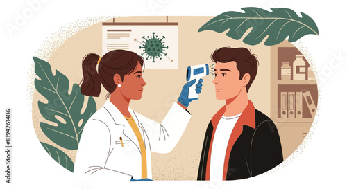 Medical professional examining patient with thermometer in clinical environment from a straightforward viewpoint