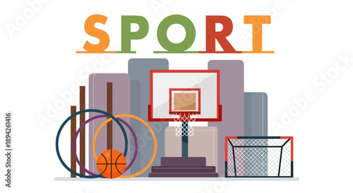 A vibrant sports equipment illustration featuring a basketball hoop and various athletic gear in a modern urban setting from a front viewpoint