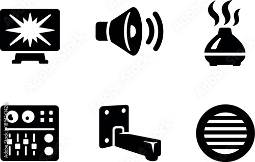  Solid vector icons of sensory-overload rooms: intense light flash unit, high-decibel speaker cone, sharp-odor