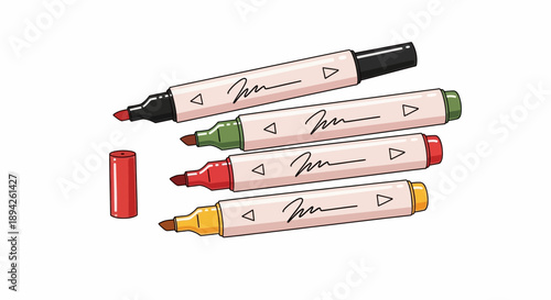 Colorful pens arranged diagonally on a white background from a top-view perspective showcasing vibrant colors and artistic tools