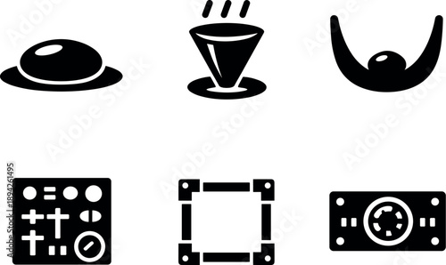  Solid vector icons of single-entity behaving condensates: unified matter packet, controlled cooling funnel,