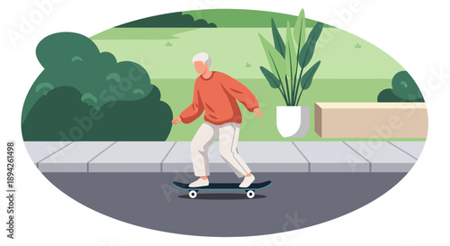 Elderly man skateboarding on a paved path in a serene park surrounded by lush greenery and potted plants