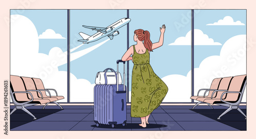 Woman in green dress waiting at airport terminal with luggage as plane takes off outside window