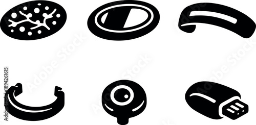 Bio-Light Epidermal Inserts. Solid vector icons of bio-light epidermal inserts: luminous algae matrix, translucent skin window,