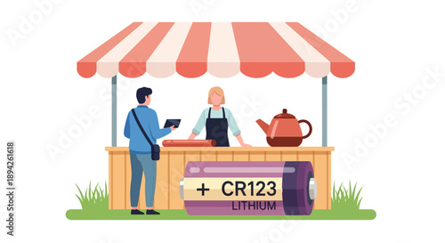 Outdoor market stall with vendor and customer under a striped awning illustration