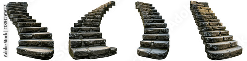 Quadro em tela Set of Four Ancient Medieval Stone Staircases, Realistic Curved Castle Steps, Ru