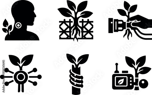  Solid vector icons of human-assisted botanical augmentation: skin-embedded nutrient port, plant uptake lattice,