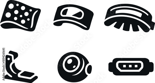 Bio-Light Epidermal Inserts. Solid vector icons of bio-light epidermal inserts: luminous algae matrix, translucent skin window,