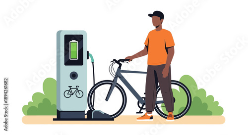 Man standing with electric bicycle beside outdoor charging station on a pathway surrounded by greenery viewed from the side