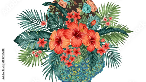 Vibrant floral arrangement with tropical flowers and lush greenery in a decorative vase from a front viewpoint