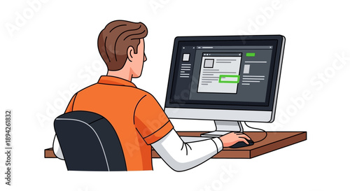 Man working on computer with graphic design software on screen in office setting from behind