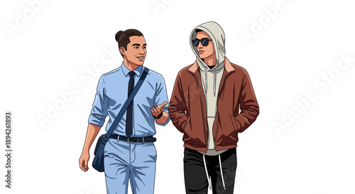 Illustration of two men walking together, one wearing sunglasses and a headscarf, the other in a blue shirt and tie, against a plain white background from a frontal viewpoint