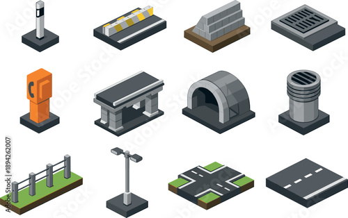 Isometric Roadside Icons. Isometric vector icons of roadside infrastructure: roadside reflector post, median strip, retaining wall