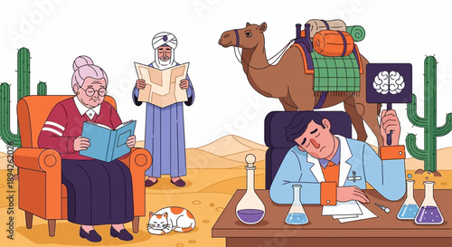 Scientist working in desert laboratory surrounded by cacti, elderly woman reading in chair, camel standing nearby