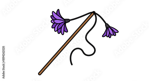 Simple illustration of a stick with purple flowers attached to it by a string viewed from the side