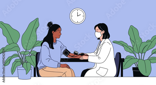 Doctor consulting patient during medical appointment with plants nearby in a clinical setting from a front viewpoint