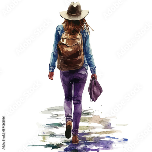 Springtime Walk, clipart watercolor vector, isolated on a white background.